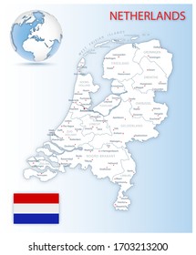 Detailed Netherlands administrative map with country flag and location on a blue globe. Vector illustration