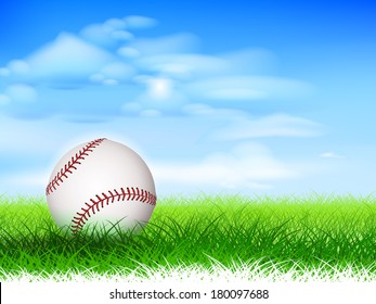 Detailed new baseball on lush grassy field.