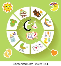 Detailed new born baby infographic with sample icons . in flat style .Vector circle business concept. Use for loop business report or plan / education template / business brochure / system diagram