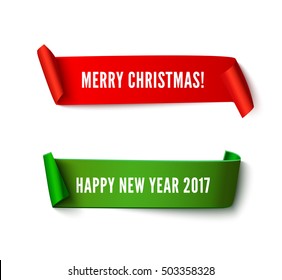 Detailed New year 2017 and Xmas paper ribbon for web advertising, promo, sale. Set of Merry christmas and HNY red and green realistic curved paper roll banner isolated on white background.