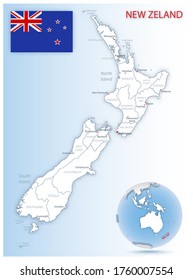 Detailed New Zealand administrative map with country flag and location on a blue globe. Vector illustration