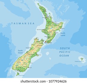 Detailed New Zealand physical map.