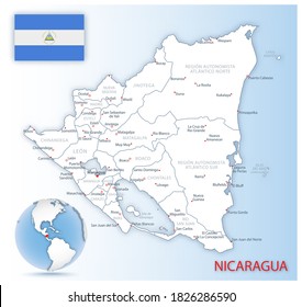 Detailed Nicaragua administrative map with country flag and location on a blue globe. Vector illustration