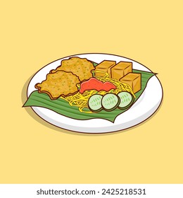 Detailed noodle with bakwan, tofu, cucumber, and chilli sauce on green leaf on white plate illustration for food icon, traditional menu from asian food