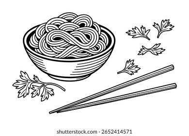 Tigela de macarrão detalhada com pauzinhos e salsa ilustração em preto e branco