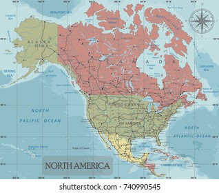 Detailed North America Political map in Mercator projection. Clearly labeled. Separated layers.