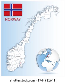 Detailed Norway administrative map with country flag and location on a blue globe. Vector illustration