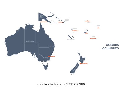 detailed oceania countries vector map. australia, new zealand and pacific islands country. 