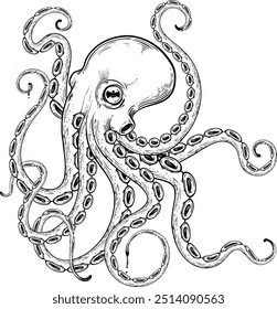 a detailed octopus floating gracefully underwater, with large, expressive eyes and elongated, winding tentacles extending in all directions. Its skin is textured with soft, irregular spots and subtle 