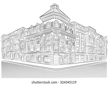 Detailed Old Buildings On The Street Corner Vector Drawing