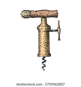 Ilustração detalhada em saca-rolhas à moda antiga com um corpo de latão e cabo de madeira, representando uma ferramenta clássica para abrir garrafas de vinho com um design elegante e tradicional