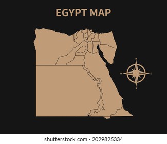 Detailed Old Vintage Map of Egypt with compass and Region Border isolated on Dark background, Vector Illustration EPS 10