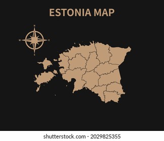 Detailed Old Vintage Map of Estonia with compass and Region Border isolated on Dark background, Vector Illustration EPS 10