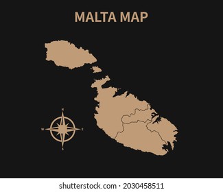 Mapa detallado de la vieja cosecha de Malta con la brújula y el borde de la región aislado en el fondo oscuro, Ilustración vectorial EPS 10