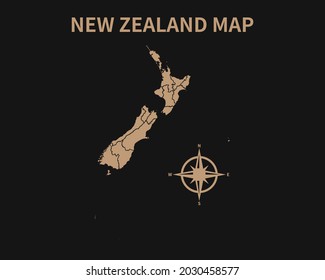 Detailed Old Vintage Map of New Zealand with compass and Region Border isolated on Dark background, Vector Illustration EPS 10