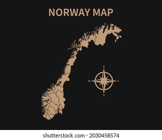 Mapa detallado de la vieja cosecha de Noruega con la brújula y el borde de la región aislado en el fondo oscuro, Ilustración vectorial EPS 10