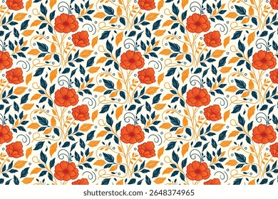 detailliertes einzeiliges Blumenmuster mit nahtloser Wiederholung von Baumwollblüten und eleganten Blattdesigns für Verpackungen, Tischtextilien und Kleidung

