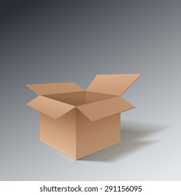 Detailed open cardboard box. Point of view from the side. Isolated on a gray background. Vector illustration.