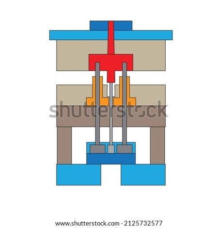 An detailed opening injection mold ejecting molded part - Manufacturing illustration - vector 