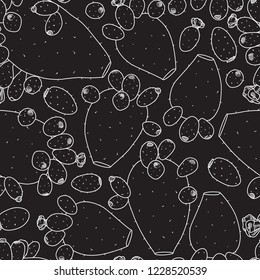 Detailed Opuntia Cactus Plant White Line Seamless Pattern on Black Background