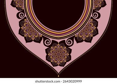 Detailed ornamental collar design featuring lotus mandala motifs in plum rose mocha tones. Ideal for fashion prints, embroidery templates, scarf design, or ceremonial costumes.