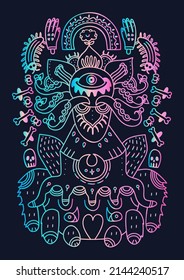 Detailed ornamental ethnic tattoo design with neon gradient effect.Spider with flowers, bones and skulls isolated on black background.Boho elements for prints on t-shirt,phone case or poster.Vector