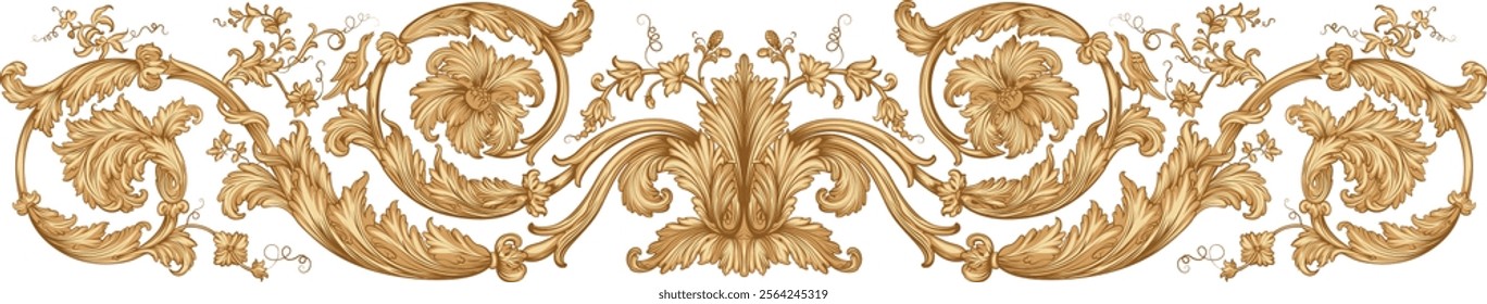 A detailed ornamental floral design featuring vintage aesthetics and golden flower accents. Perfect for decorative patterns, invitations, wallpapers, or artistic projects. Created in vector format for