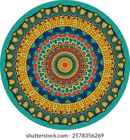 Detailed Ornamental Mandala with Repeating Patterns and Bold Colors