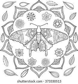 Detailed ornamental sketch of a moth,Hand drawn zentangle for adult anti stress. Coloring page with high details isolated on white background. Zentangle pattern for relax and meditation.