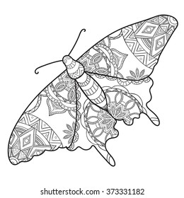 Detailed ornamental sketch of a moth,Hand drawn zentangle for adult anti stress. Coloring page with high details isolated on white background. Zentangle pattern for relax and meditation.