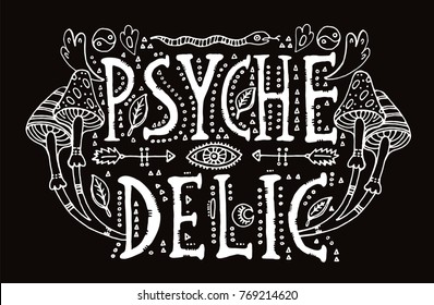 Detailed ornamental white Psychedelic lettering and magic mushrooms in boho chic style. Isolated on black background.Hippy drawing for prints on t-shirts and bags or poster.Vector