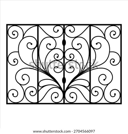 A detailed ornamental window grill vector featuring symmetrical swirls, floral curves, and classic wrought-iron styling. Perfect for architectural design resources, laser cutting, CNC patterns.