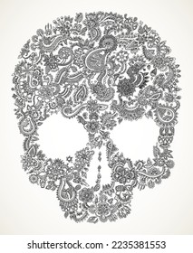 Detailed ornate doodle floral skull drawing. Hand drawn vector illustration in black over white.