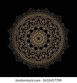A detailed, ornate mandala design rendered in gold lines against a solid black background. The circular vector pattern features intricate geometric shapes and swirling motifs.