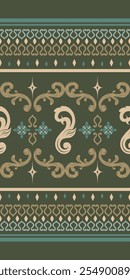 Padrão de ornamento de rolagem ornamentado detalhado no fundo verde-escuro profundo. Vetor de bordados requintadamente Tons de Ouro Verde para tecidos de textura rica e elegante. almofada Decoração padrão de tecidos glamourosos. 