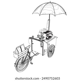 Detailed Outdoor Bicycle Coffee Stand Vector Illustration with Table, Chairs, Menu Display, and Brewing Equipment for Mobile Shop Concept. Vector illustration on the theme of street food. 3D Isometric