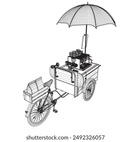 Detailed Outdoor Bicycle Coffee Stand Vector Illustration with Table, Chairs, Menu Display, and Brewing Equipment for Mobile Shop Concept. Vector illustration on the theme of street food. 3D Isometric