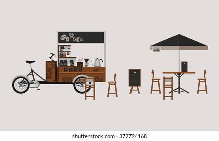 Detailed Outdoor Bicycle Coffee Stand Vector Illustration with Table, Chairs, Menu Display, and Brewing Equipment for Mobile Shop Concept svg