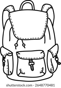 A detailed outline of a backpack with multiple pockets and straps in a hand-drawn style. The sketch highlights the bag's structure with emphasis on its compartments. Cartoon vector illustration.