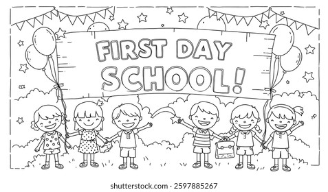 A Detailed Outline of a Banner With First Day of School, Written in Bold Letters.