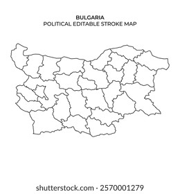 A detailed outline of Bulgaria displaying its political boundaries. The map outlines the distinct regions and administrative areas, perfect for educational and planning purposes.