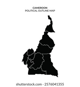 A detailed outline of Cameroon highlighting its political divisions. The map presents different regions in a clear black format, useful for educational and reference purposes.