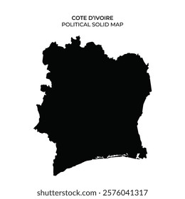 A detailed outline of Cote dIvoire is displayed in solid black. The map highlights the countrys shape but lacks any internal features or labels. Ideal for educational purposes.