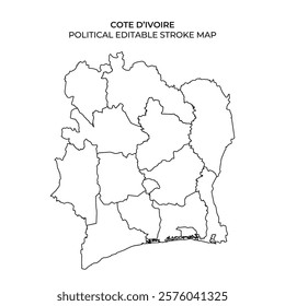 Detailed outline of Cote dIvoires political boundaries ideal for educational activities. This editable map highlights individual regions within the country clearly and distinctly.