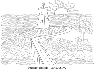 Detailed outline drawing for coloring: coastal scene with lighthouse, rocks, winding road, sea waves, and sun - ideal for print projects.