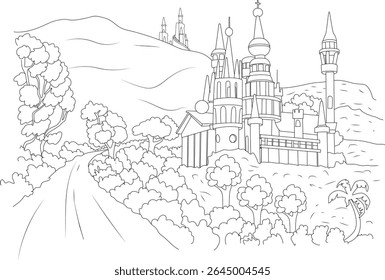 Desenho detalhado de um castelo de conto de fadas paisagem com um caminho sinuoso, árvores e torres distantes.
