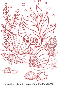 Dibujo detallado del contorno de varias conchas marinas y plantas submarinas para una actividad divertida de colorear la página