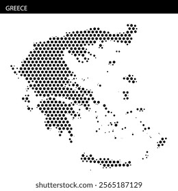 A detailed outline of Greece showcases its geographic features with unique textural patterns highlighting prominent areas.