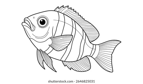 Detailed Outline Illustration of a Colorful Tropical Reef Fish with Distinct Stripes and Fins
