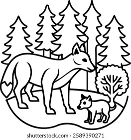 Detailed outline illustration of forest animals including a mother fox and  her pup